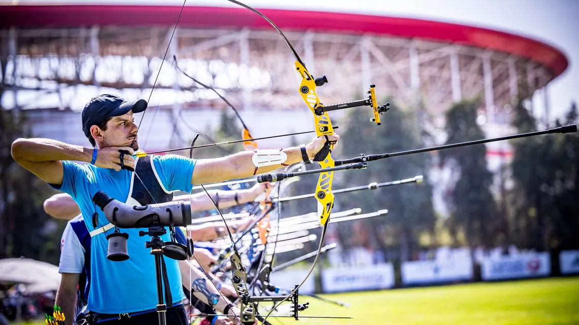 Marcus D'Almeida on the shooting line at Antalya 2025 Hyundai Archery World Cup.
