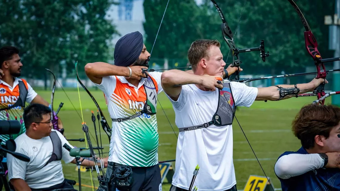 Harvinder Singh shooting in qualification at Beijing 2025 Asian Para Archery Championships.