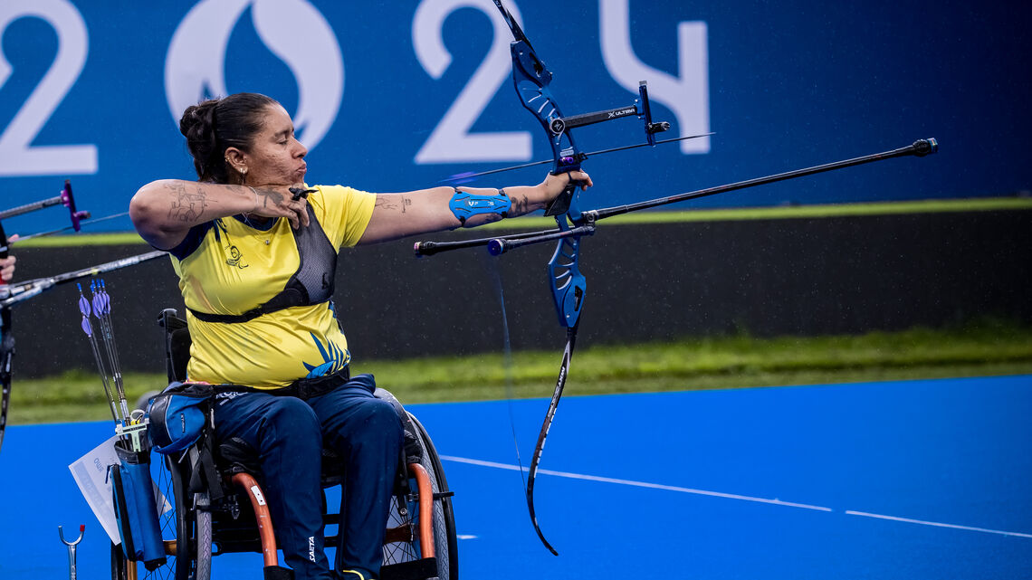 MarÍa Monica Daza Guzman shooting at the Paris 2024 Paralympic Games.
