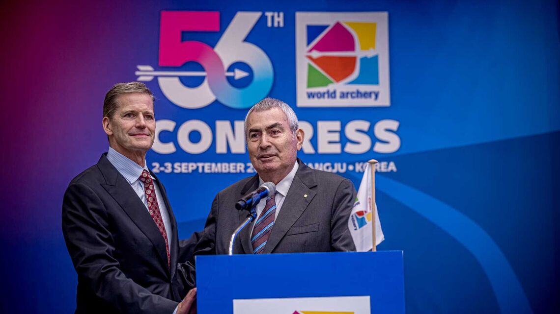 Greg Easton and Prof Dr Ugur Erdener at 56th World Archery Congress.