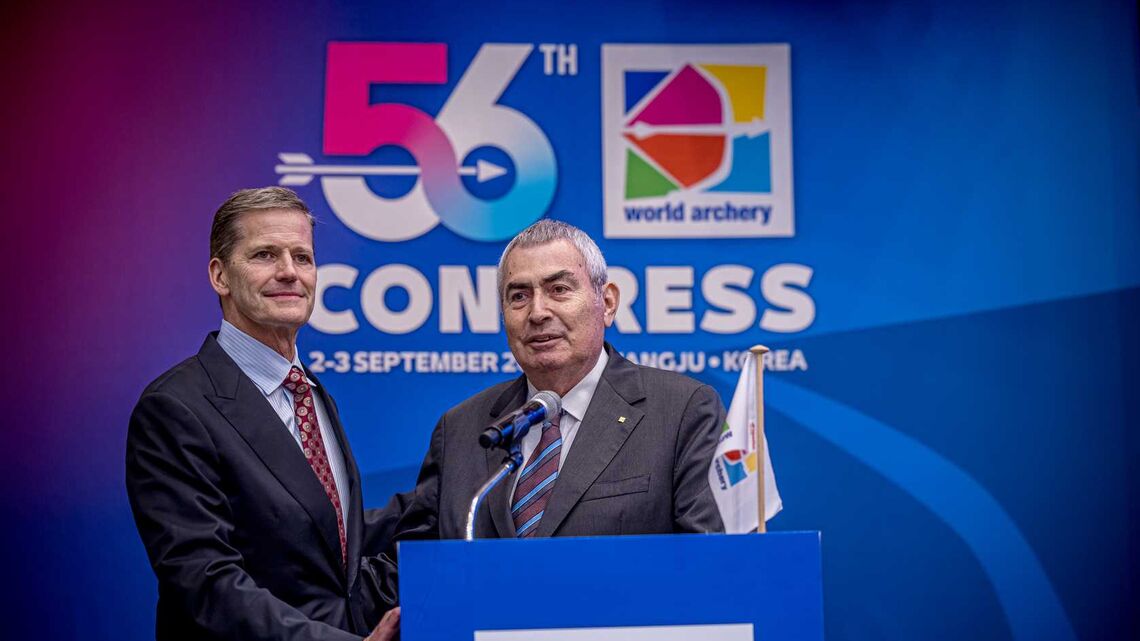 Greg Easton and Prof Dr Ugur Erdener at 56th World Archery Congress.