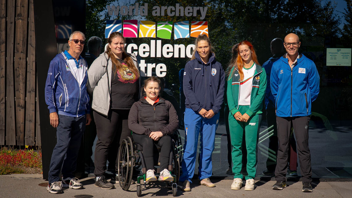 First coach accelerator programme participants in front of World Archery Excellence Centre in Lausanne.