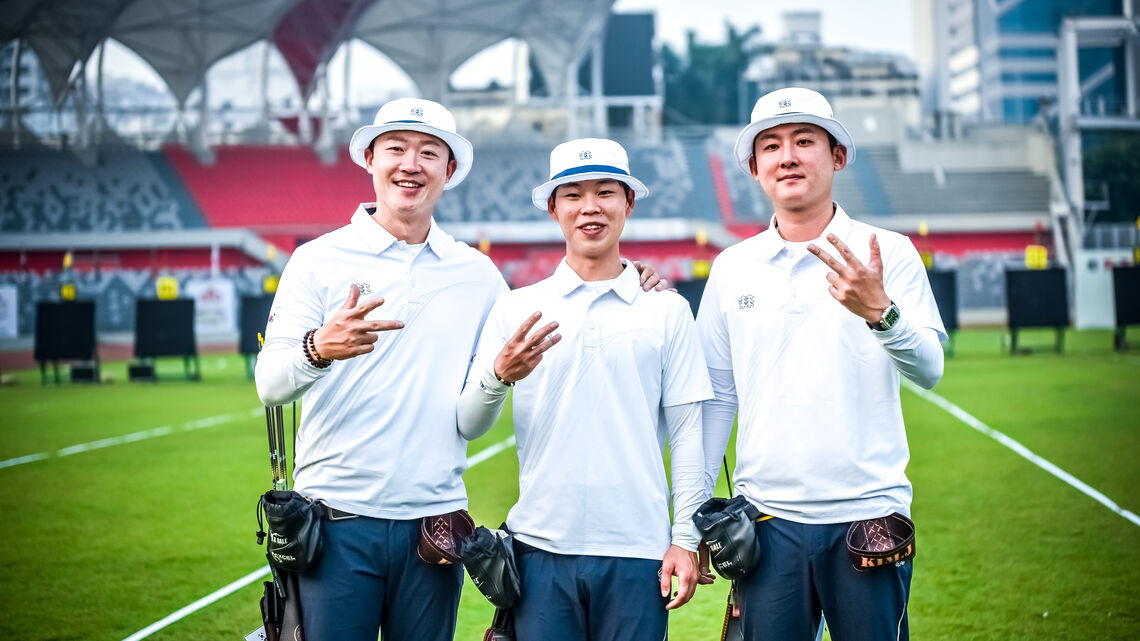 Korean archers pose after reaching semifinals in Dhaka 2025 Asian Championships.