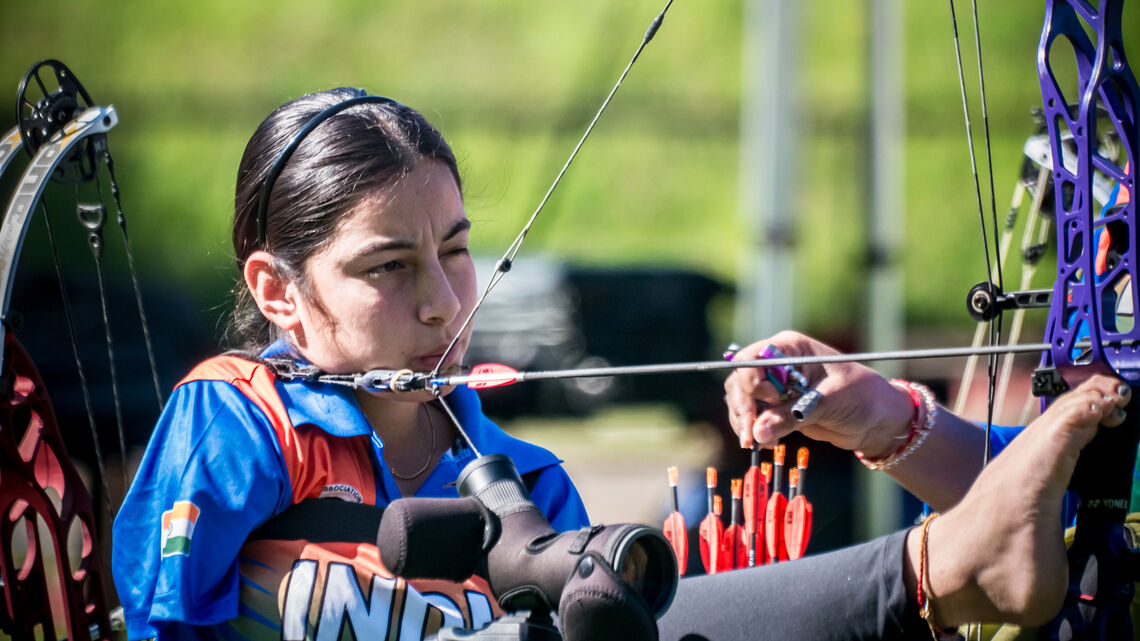 Sheetal Devi shooting at 2025 Europea Para Grand Prix in Nove Mesto.
