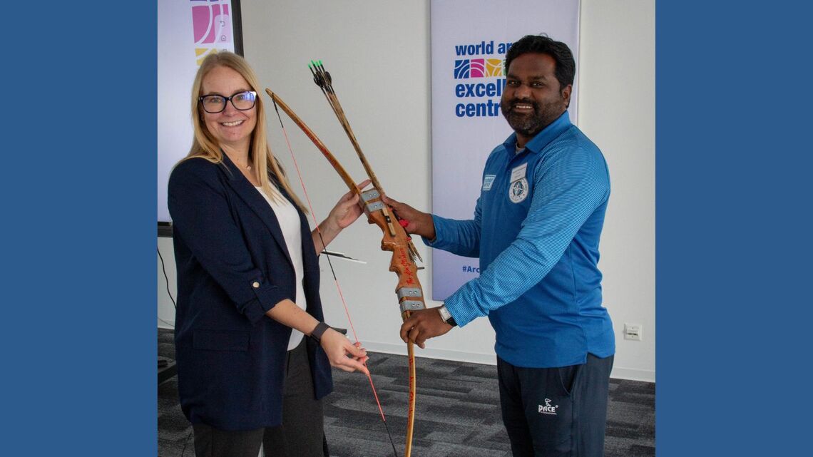 World Archery Excellence Centre director Siret Luik presented with Indian traditional bow.