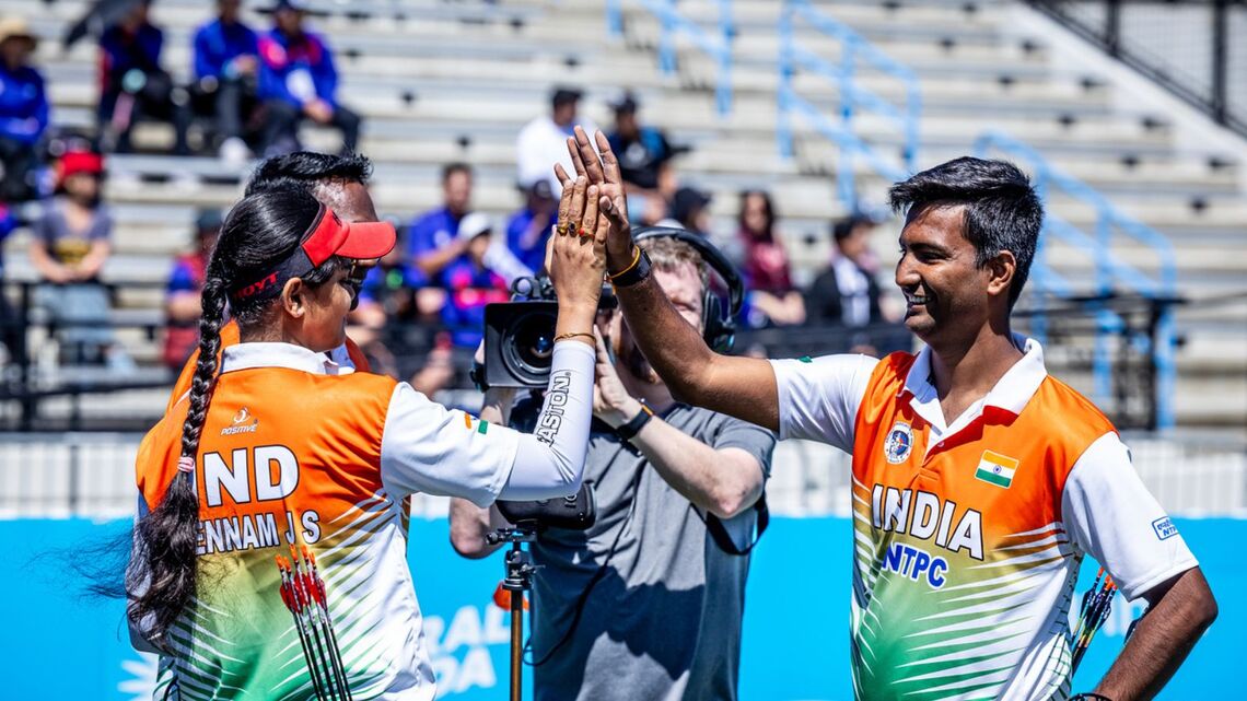 India compound archers Jyothi Surekha Vennam and Rishabh Yadav celebrate at Stage 1 of the 2025 World Cup in Central Florida.