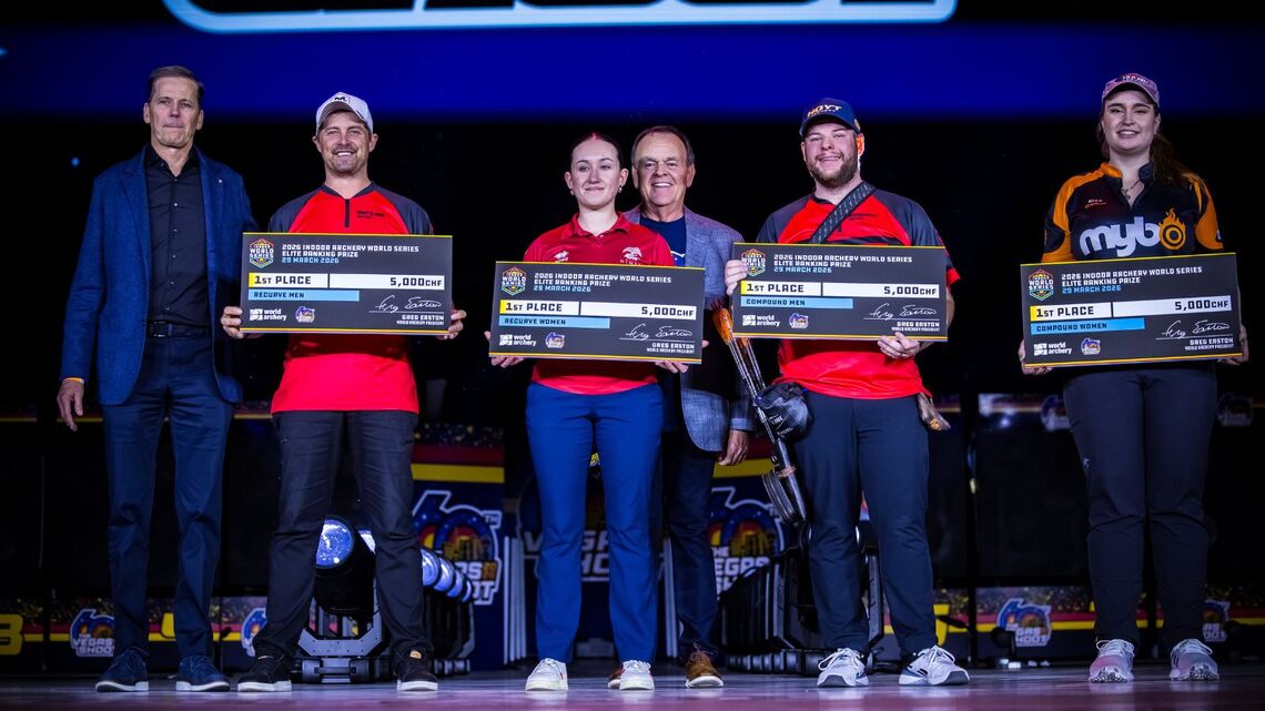 Indoor Archery World Series 2026 champions receive prizes from Greg Easton and Bruce Cull