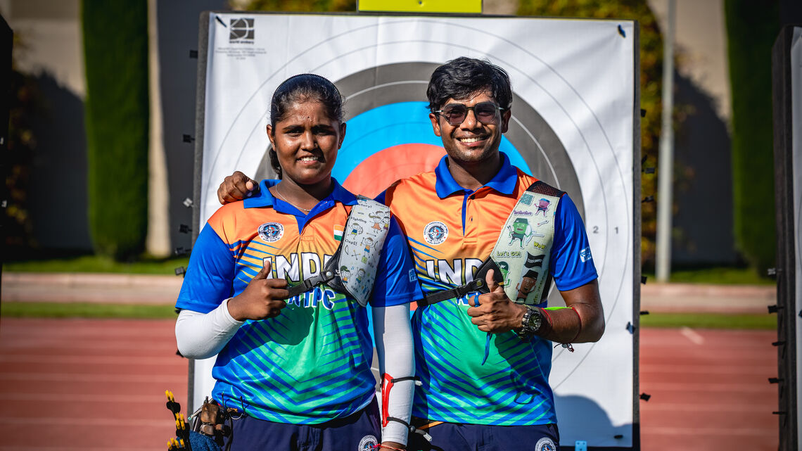 Kumkum Mohod and Dhiraj Bommadevara with a thumbs up at the target at Antalya 2026.