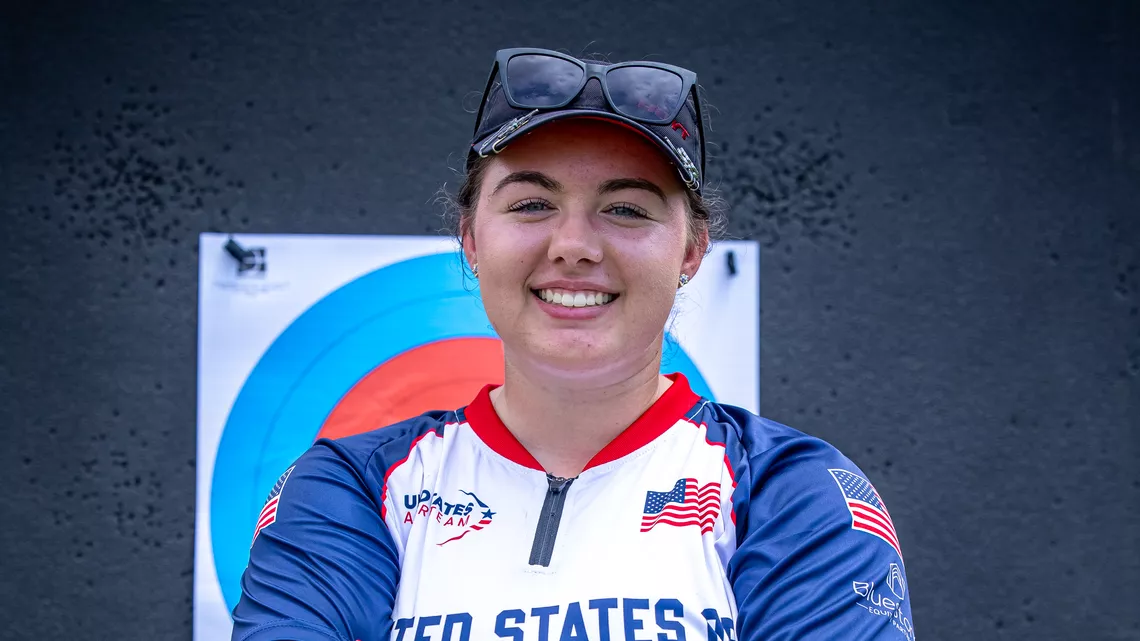 Savannah O'Donohue smiling at the target after reaching the compound women final fours at Antalya 2026.