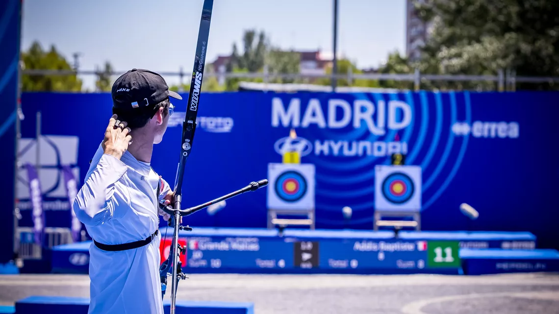 Baptiste Addis looking on after shooting an arrow at Madrid 2025. 