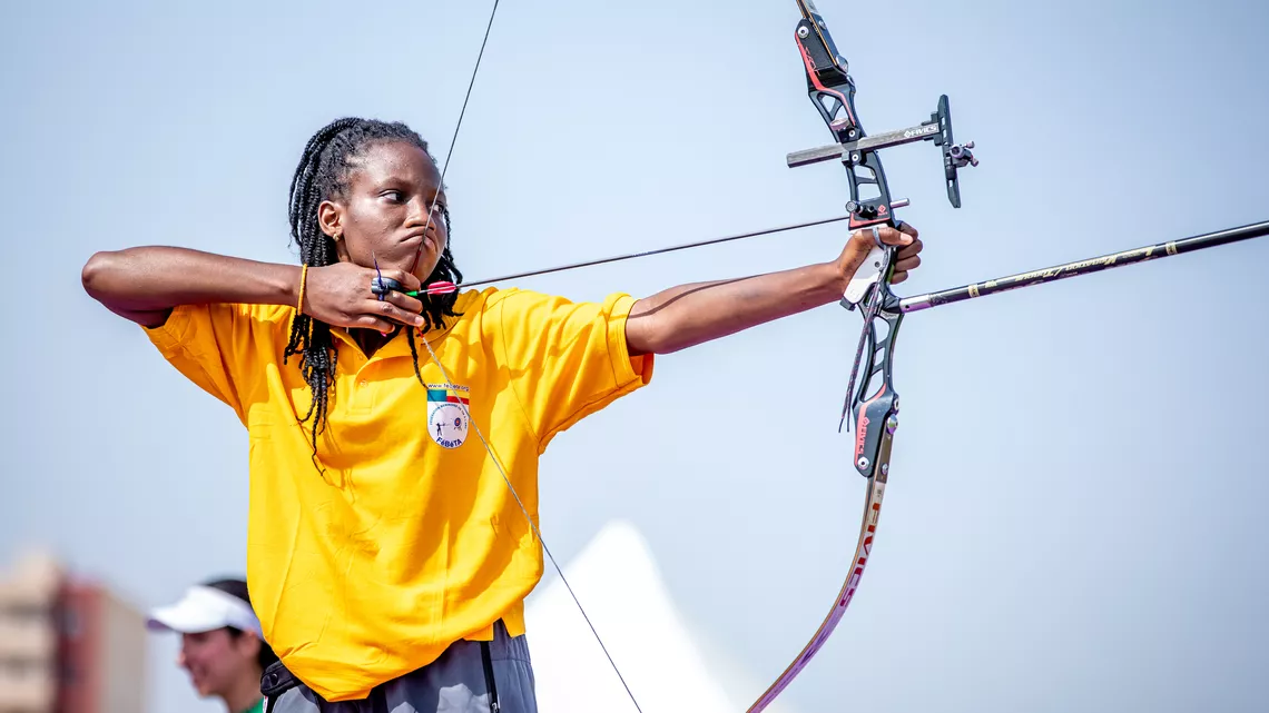 Young archer competing at Oran 2026 African Archery Championships.