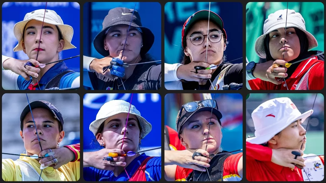 The eight recurve women finalists for the 2026 World Cup Final in a collage.