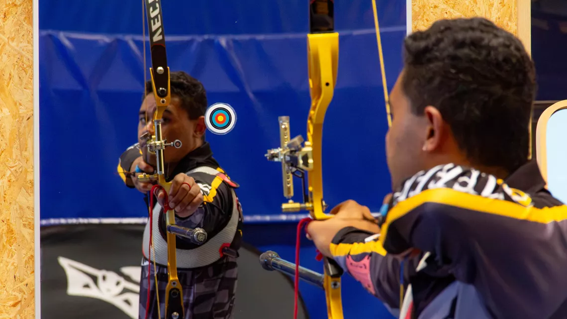 Jeremy Collier training at the World Archery Excellence Centre in Lausanne.