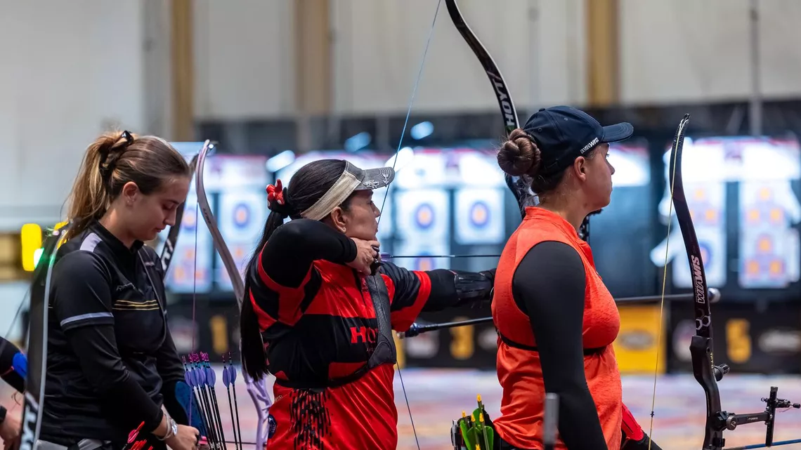 Recurve women archers shooting at the 2026 Vegas Shoot.