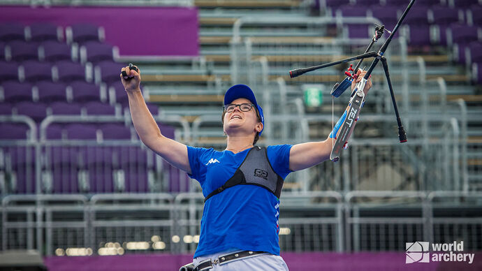 Lucilla Boari celebrates winning bronze at the Tokyo 2020 Olympic Games. 