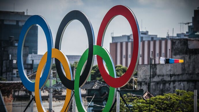 The Olympic rings at the archery venue at Rio 2016.