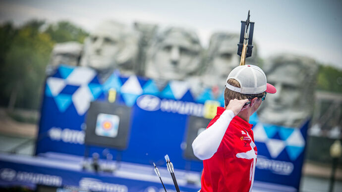 Mathias Fullerton shoots at the 2021 Hyundai Archery World Cup Final.