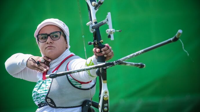 Zahra Nemati shoots at the Rio 2016 Paralympic Games.