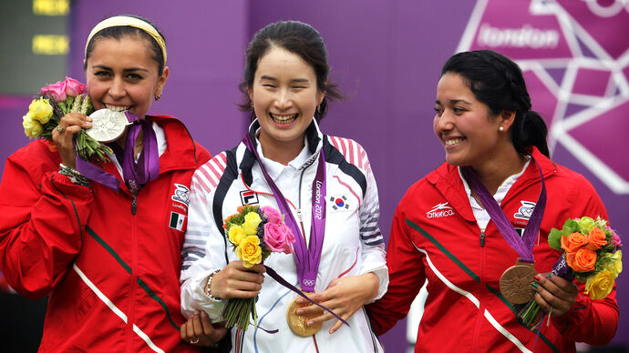 The recurve women’s podium at the London 2012 Olympics.