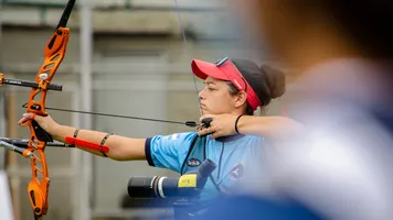 An archer shoots during practice during the world ranking event in Medellin in 2021.