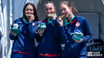 The USA’s recurve women’s gold medal-winning team at Santiago 2023.