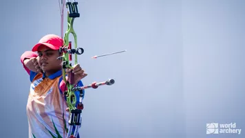 Jyothi Surekha Vennam shoots during the 2021 Asian Championships in Dhaka.