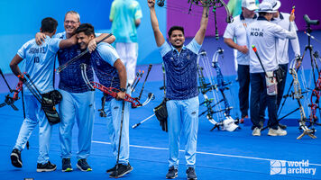 India celebrates winning the compound men’s team title in Hangzhou.