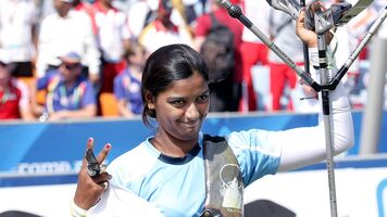 Deepika Kumari celebrates winning the Commonwealth Games in 2010.