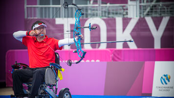 He Zihao shoots during the Tokyo 2020 Paralympic Games.
