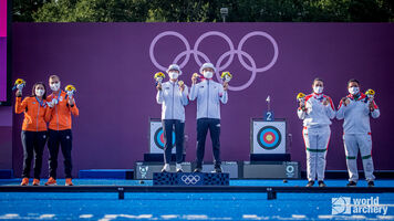 The mixed team podium at the Tokyo 2020 Olympic Games.