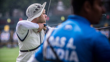 JC Valladont shoots during team eliminations at the worlds in 2019.