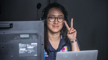 Vanessa Lee in the commentary booth at the Hyundai World Archery Championships in 2019.