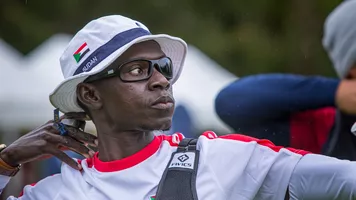 Mujahid Adam shoots during the second stage of the Hyundai Archery World Cup in 2021.