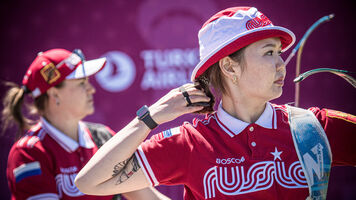 Svetlana Gomboeva shoots during the final at the second stage of the Hyundai Archery World Cup in 2021.