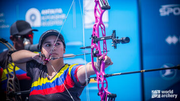 Sara Lopez shoots during the first stage of the 2022 Hyundai Archery World Cup in Antalya.