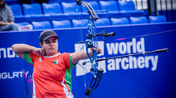 Andrea Becerra shoots at the 2024 Hyundai Archery World Cup season opener in Shanghai.