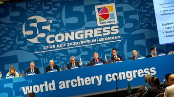The front desk at the 2023 World Archery Congress.