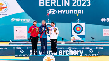 The recurve women‘s podium at the 2023 World Archery Championships.