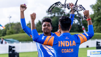 Priyansh celebrates winning world youth championships in 2023.