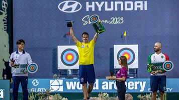 Recurve men’s podium at Hermosillo 2023 Hyundai Archery World Cup Final.