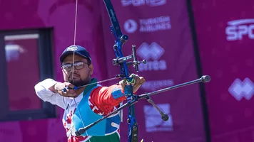 Ruman Shana shoots during the mixed team final at the second stage of the 2021 Hyundai Archery World Cup in Lausanne.