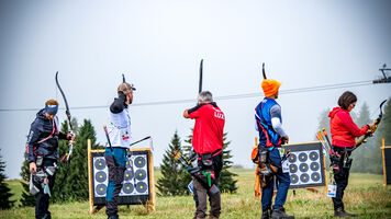 Field archers competing in the mountain resort of Cesana Sansicario.