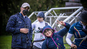 Zahra Nemati takes a break during the second stage of the 2021 Hyundai Archery World Cup in Lausanne.