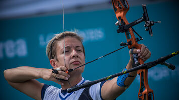 Evangelia Psarra shoots at the final qualifier for the Tokyo 2020 Olympic Games.