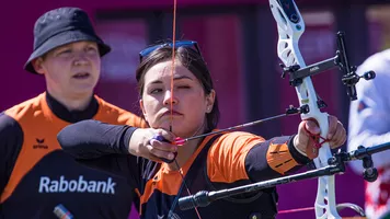 The Dutch team shoot in the mixed team event at the second stage of the 2021 Hyundai Archery World Cup in Lausanne.
