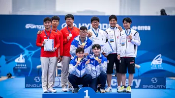 Recurve men’s team podium at Shanghai 2023 Hyundai Archery World Cup.