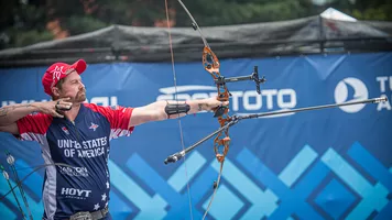 Brady Ellison shoots during finals at the first stage of the 2021 Hyundai Archery World Cup in Guatemala City.