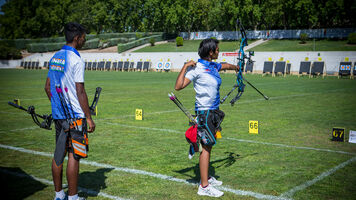 Pragati Choudhary shoots at the Madrid 2019 World Archery Youth Championships. 
