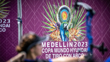 The logo of the 2023 Hyundai Archery World Cup stage in Medellin.