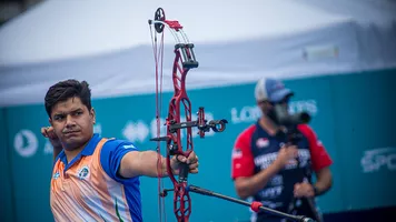Abhishek Verma shoots at the third stage of the 2021 Hyundai Archery World Cup in Paris. 